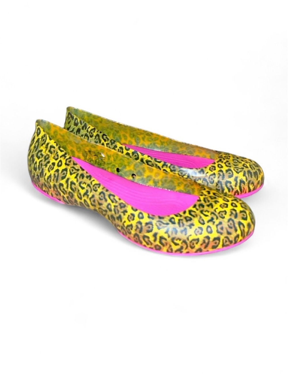 VTG CROCS Yellow Leopard-Print Ballet Flats Pink Trim, UV glow!